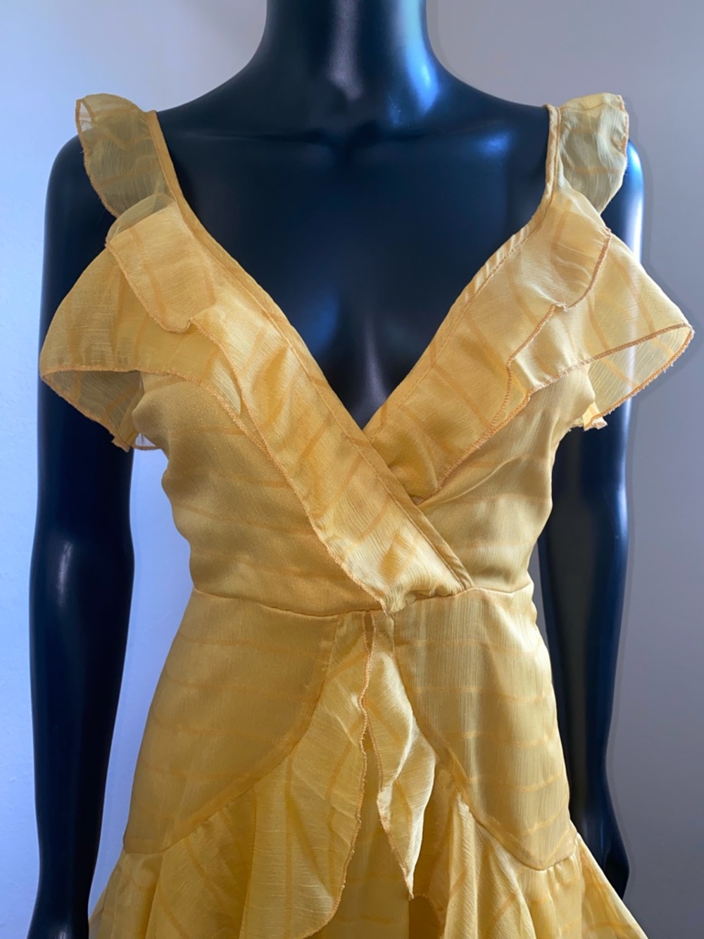 Yellow Ruffle V-Neck Women's Dress - Picture 4 of 13